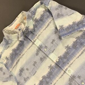 Tommy Bahama Relax Shirt Mens XL Blue White Tencel Lyocell Palm Tree Print Aloha